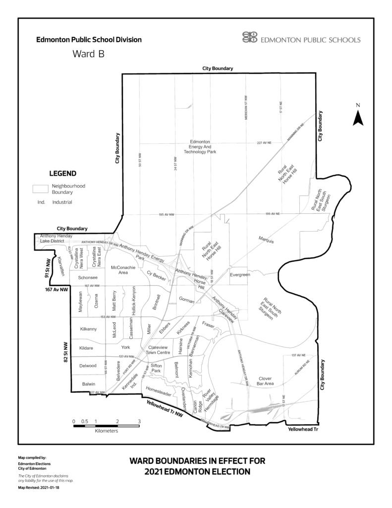 Map of Ward B for Edmonton Public School Board showing electoral boundaries